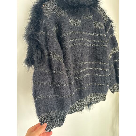 Vintage Feather Trim Metallic Knit Cardigan - Black & Gold, One Size - Picture 7 of 9